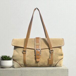VTG Coach Hampton Bag 9271 Taupe Suede Patent Leather Buckle Flap Y2K Hang Tag
